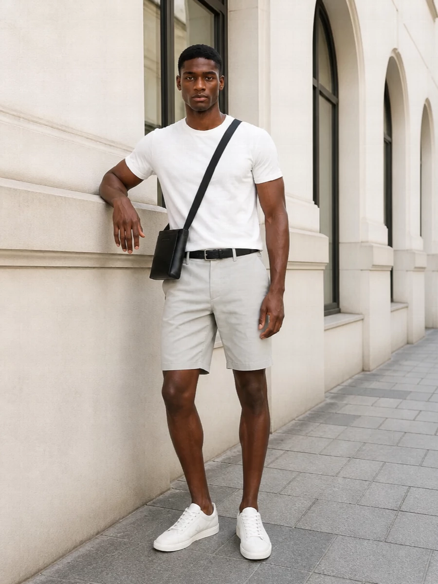 Calvin klein white tee stone chino shorts outfit