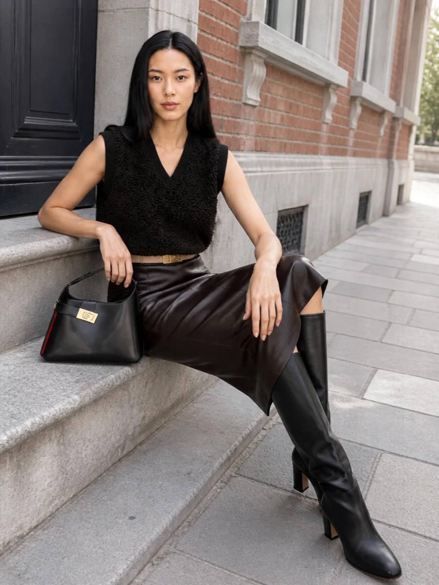 Ferragamo black vest leather pencil skirt outfit