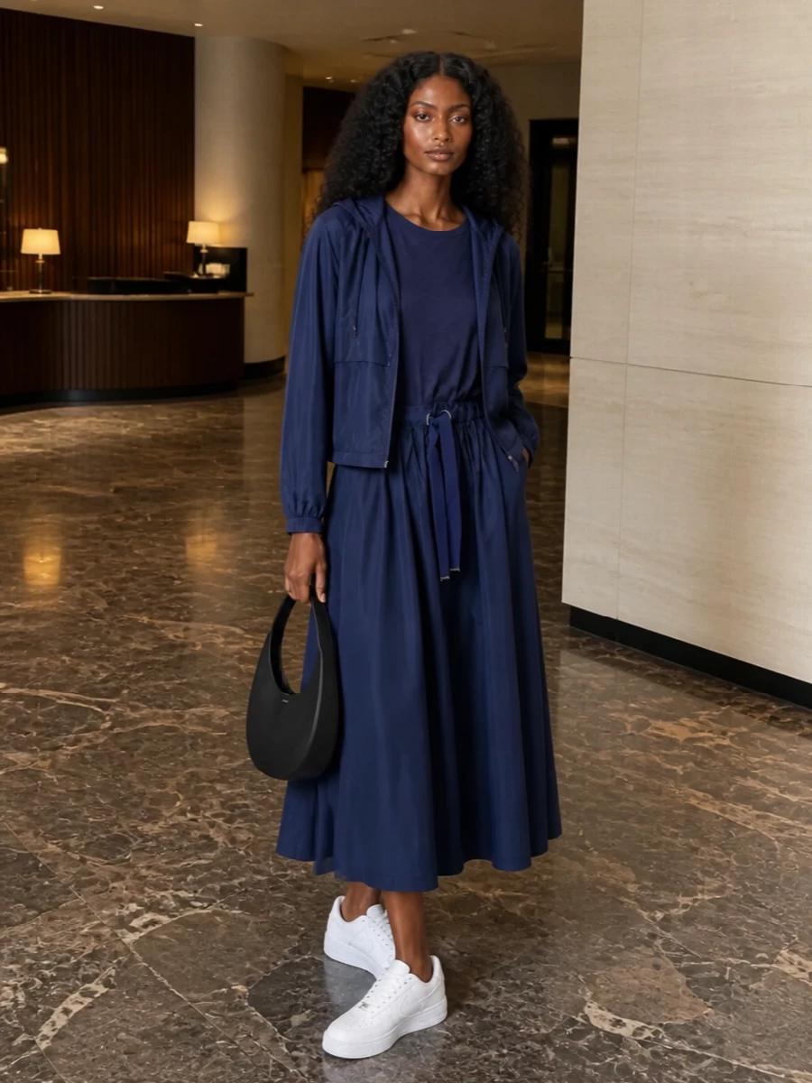 Herno navy midi dress nike white sneakers
