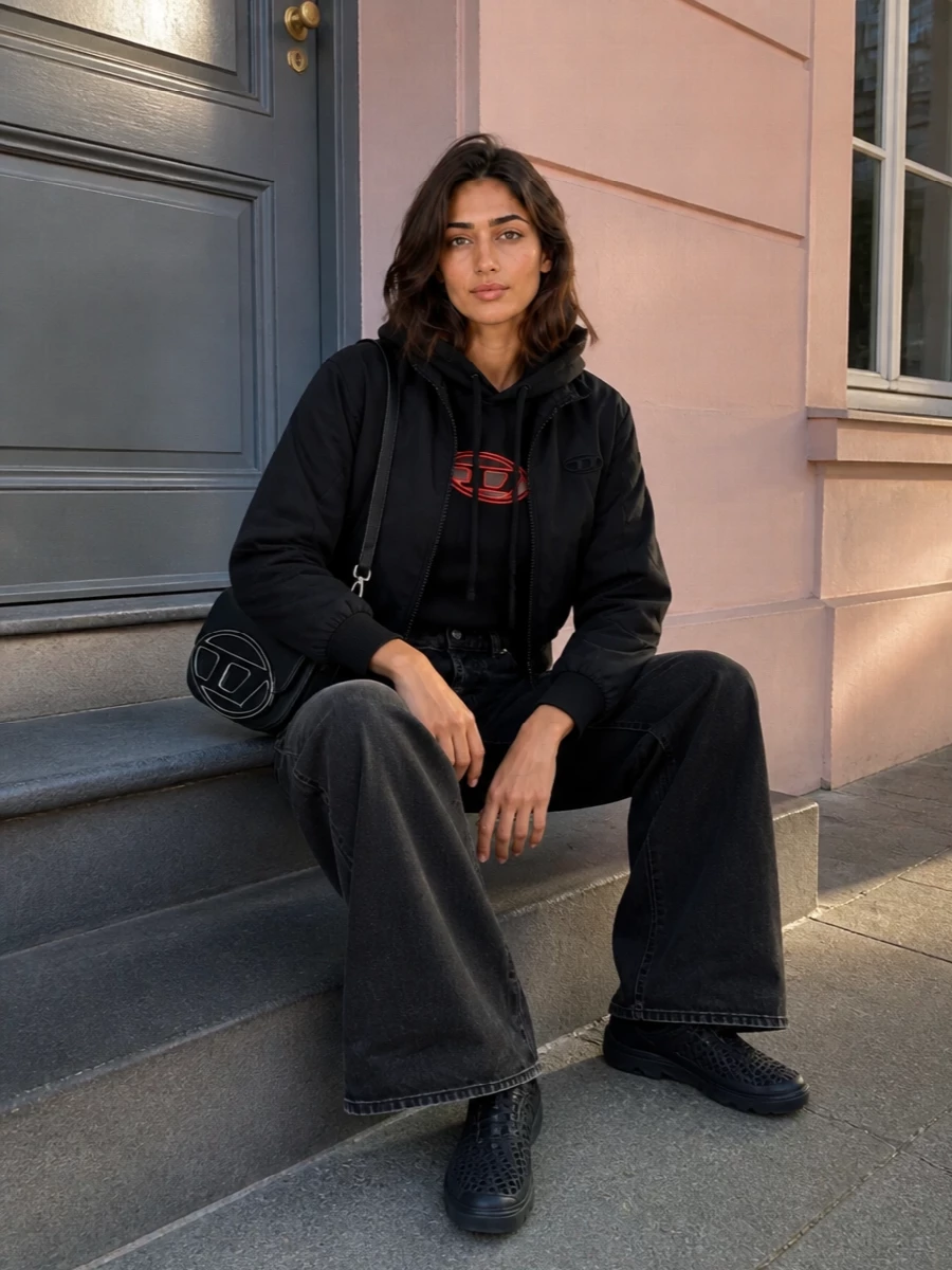 Diesel cropped jacket wide leg jeans streetwear outfit