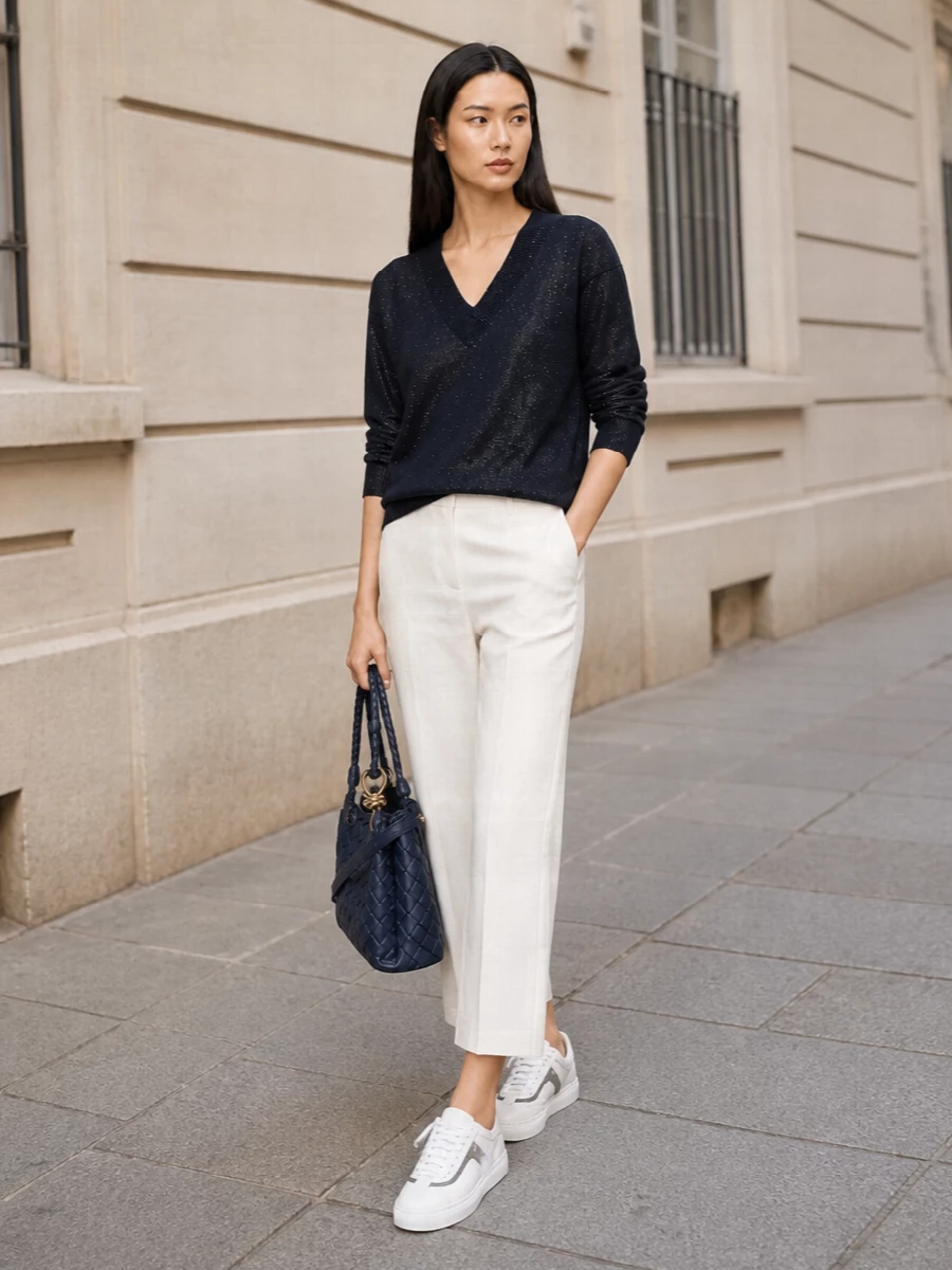 A midnight-navy sparkling V-neck knit is grounded with softly tailored cropped ivory trousers for a fresh, SS-ready take on quiet luxury. Optic-white leather sneakers keep the silhouette relaxed yet polished, while the deep-navy intrecciato shoulder bag subtly echoes the knit and completes a clean navy-and-ivory story that moves effortlessly from daytime meetings to low-key dinners.
