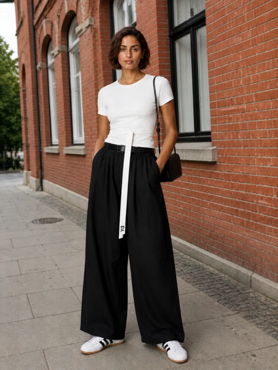 Y3 waist tie tee black wide pants adidas sneakers