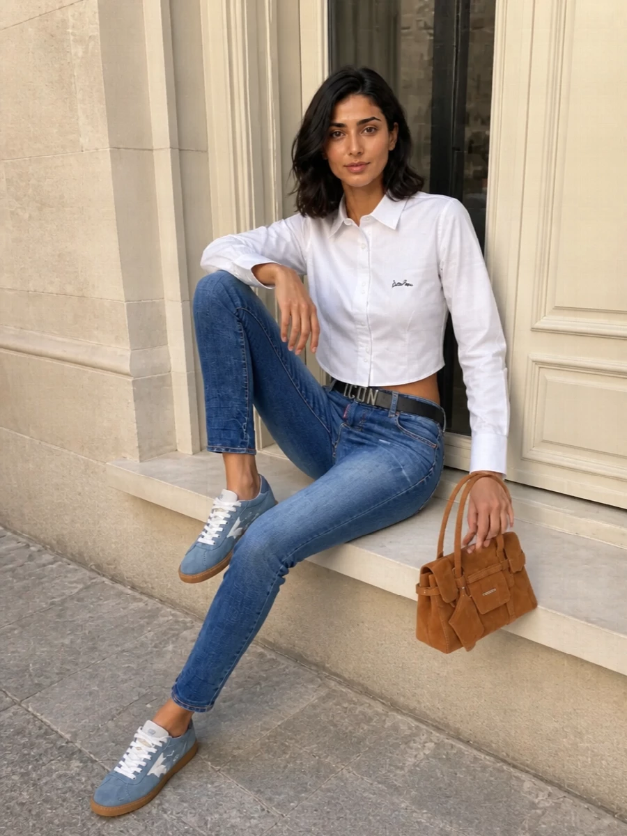 Dsquared2 denim jeans cropped shirt sneakers