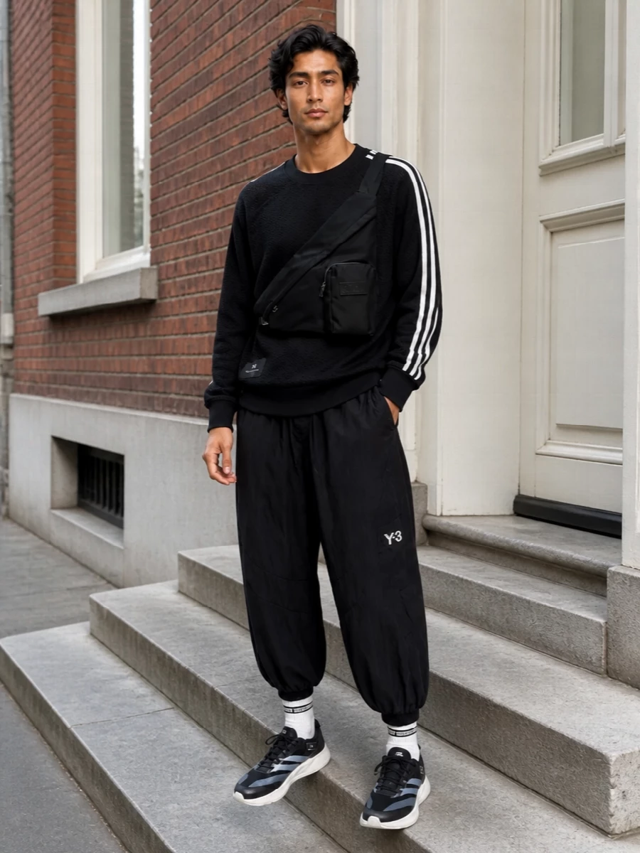 Y3 black track pants runners streetwear outfit