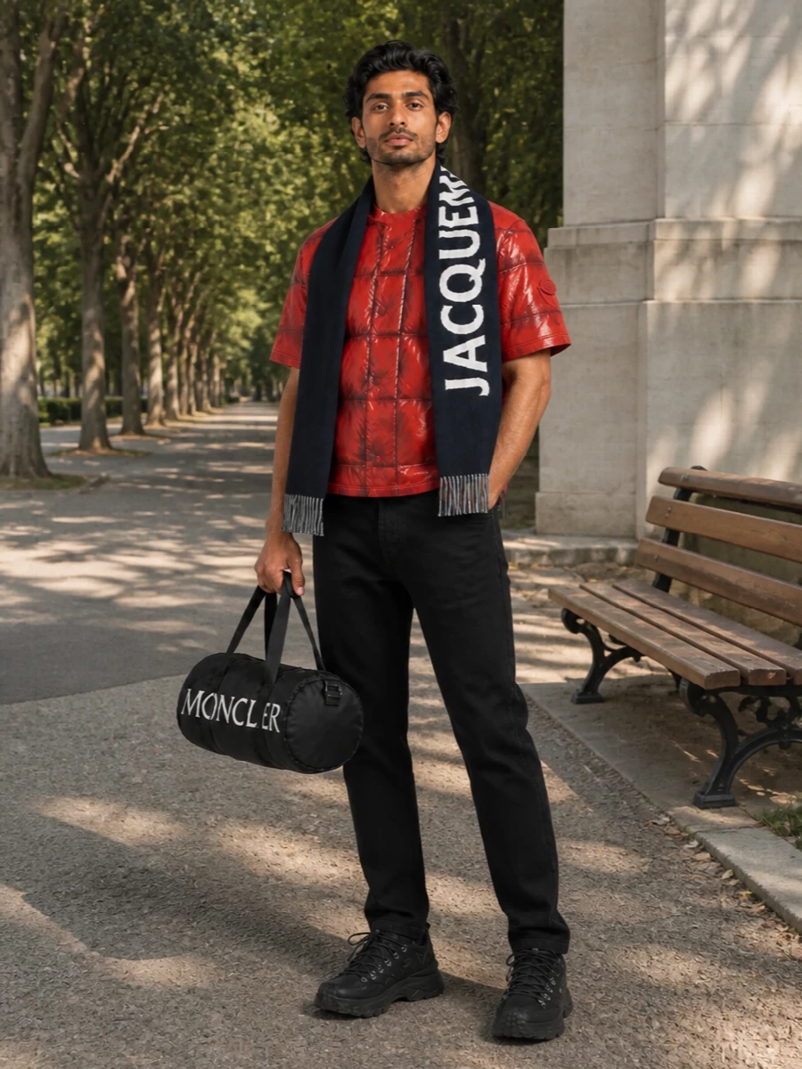 Moncler genius red tee black jeans sneakers