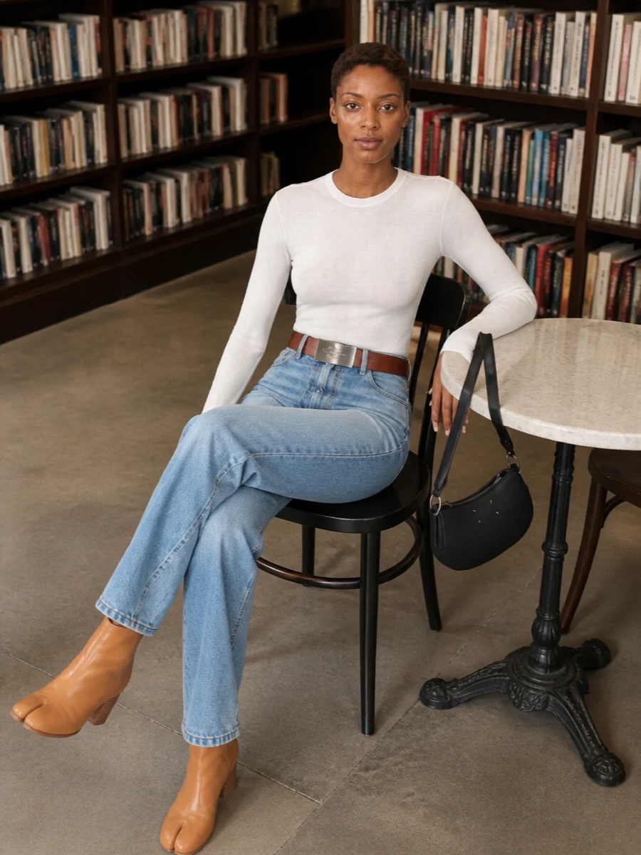 A soft, second-skin ivory base and sculpted high-rise jeans set a clean, elongated line, then subtle structure comes from a precise leather belt and quietly subversive camel tabi boots. The black crescent bag sharpens the palette, giving the light blue denim and warm neutrals a considered, modern contrast suitable for city days that slip into dinner. It is minimalist and directional without feeling over-styled, letting proportion and texture do the work.