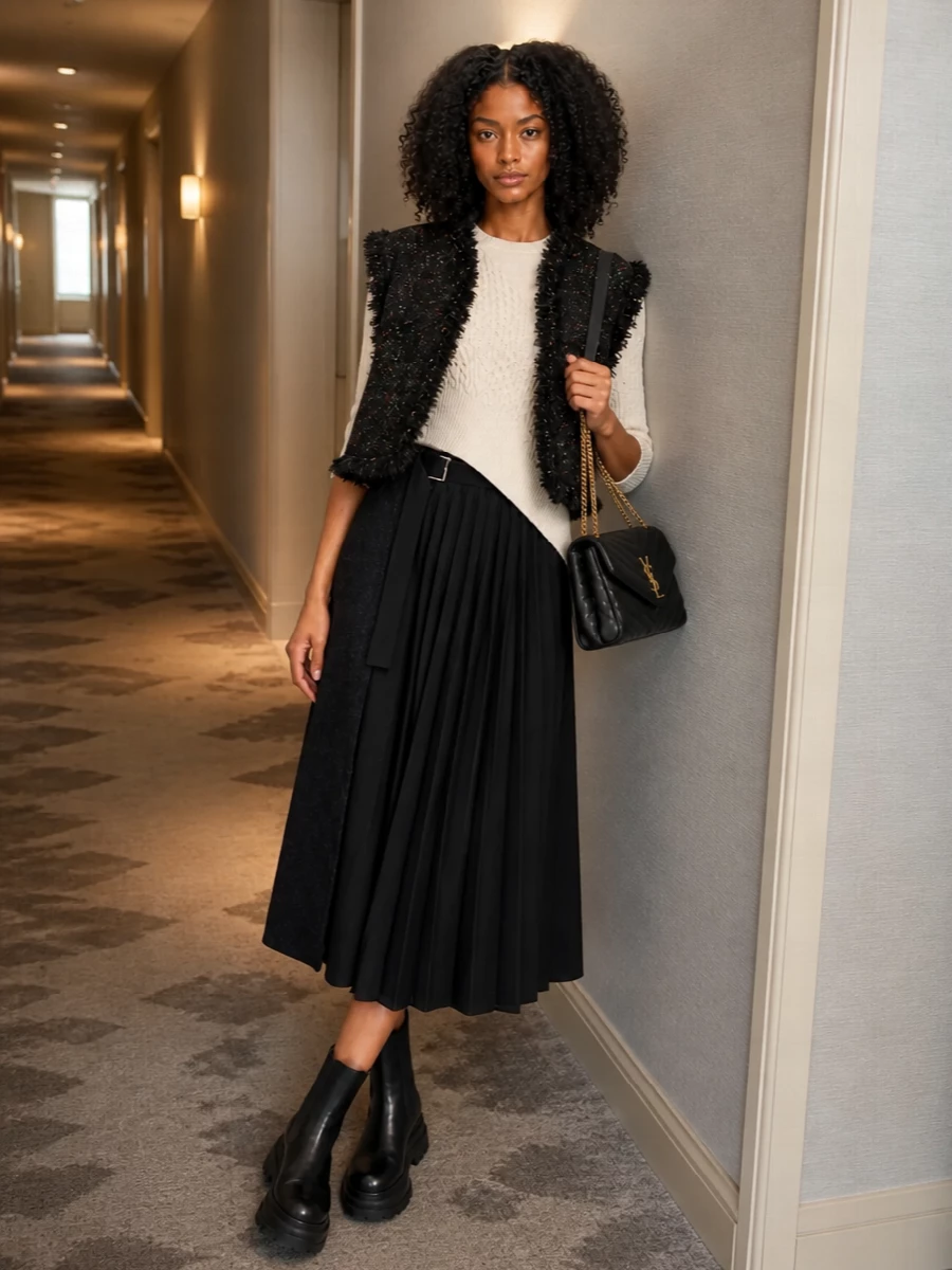 I am building this around top and bottom rather than a dress so the Sacai tweed layer can feel like part of a modular city uniform, not a single-use cocktail piece. The asymmetric ivory knit, belted pleated midi and platform Chelsea boots create a long, textural column under the cropped jacket, keeping the palette tight but the surfaces rich. A structured Saint Laurent shoulder bag finishes it with just enough polish for gallery days that slide into dinner.