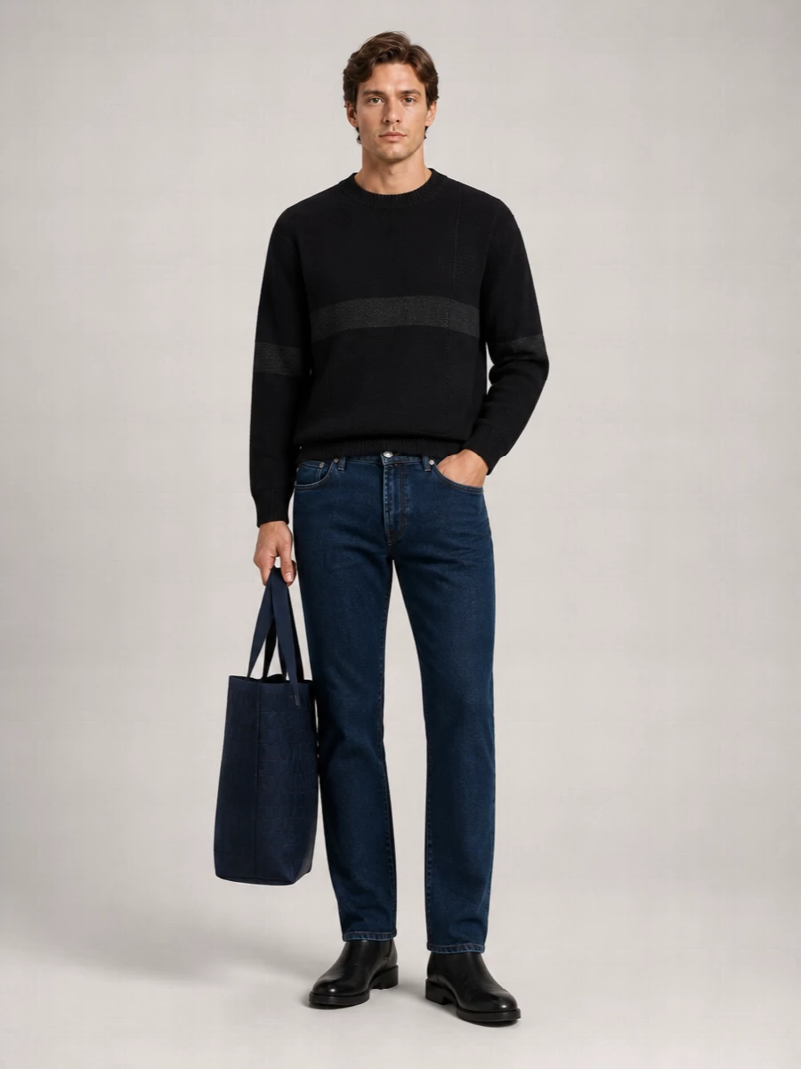 Dark indigo denim with a structured black knit sets a clean, quietly refined base. Black Chelsea boots sharpen the line, while the navy tote brings a discreet professional finish that still feels relaxed. It is an easy uniform for city days when you want polish without fuss.