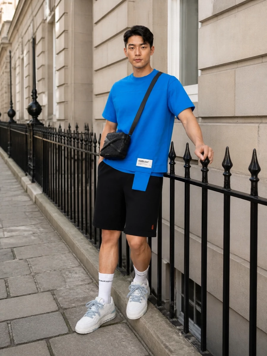Ambush blue t shirt black shorts sneakers