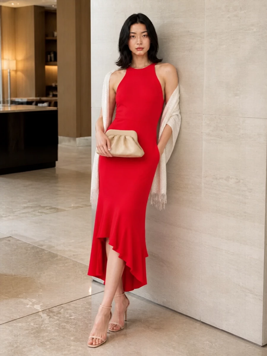 A scarlet column dress meets barely there blush heels and a creamy clutch for a quietly polished cocktail ensemble. Neutral accessories soften the intensity of the red, keeping the mood modern and romantic. The asymmetric hem and open back do the talking while everything else stays light and refined around them.