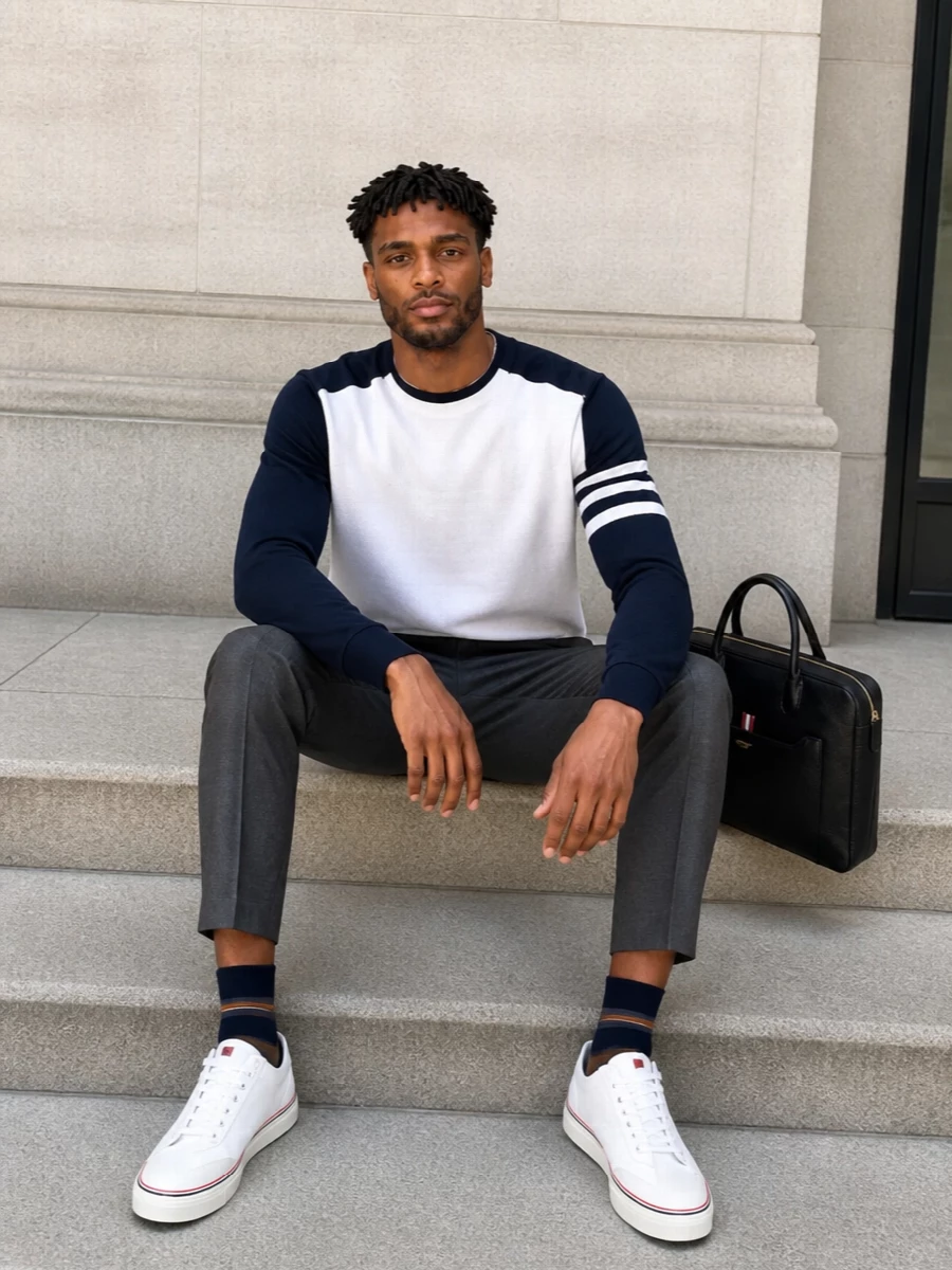 Thom browne navy stripe sweater grey wool trousers