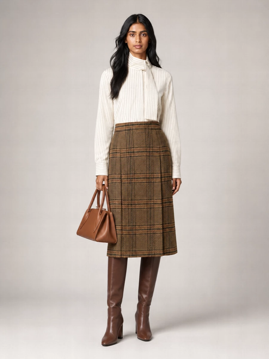 Saint Laurent Wool Prince Of Wales Pleated Midi Skirt