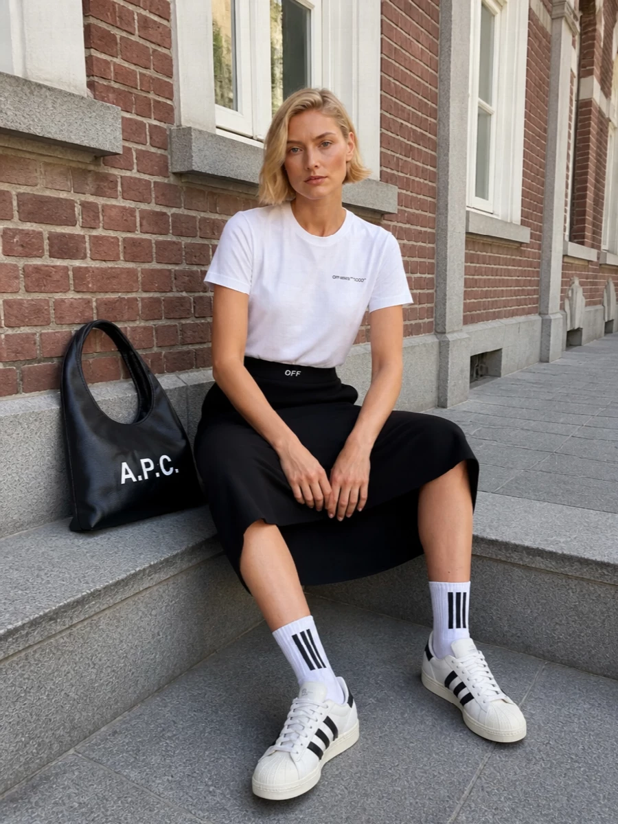 Off white logo tshirt black midi skirt outfit
