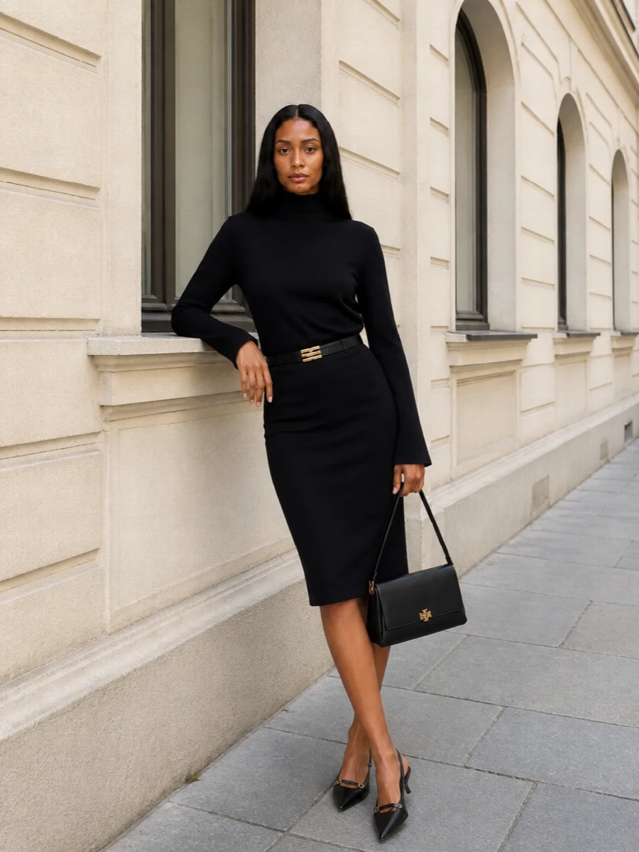 Tory burch pencil skirt black turtleneck outfit