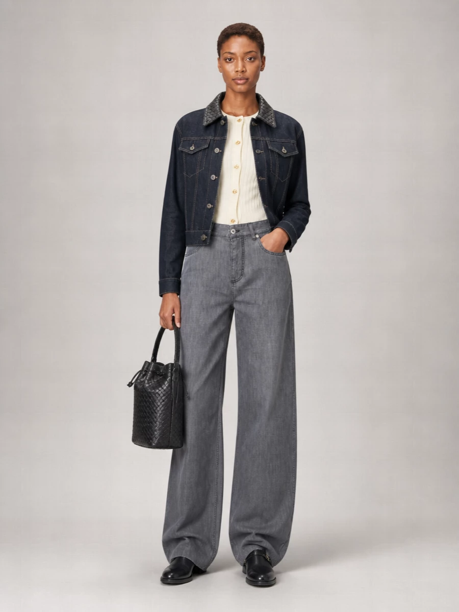 Bottega Veneta Denim Jacket With Leather Collar