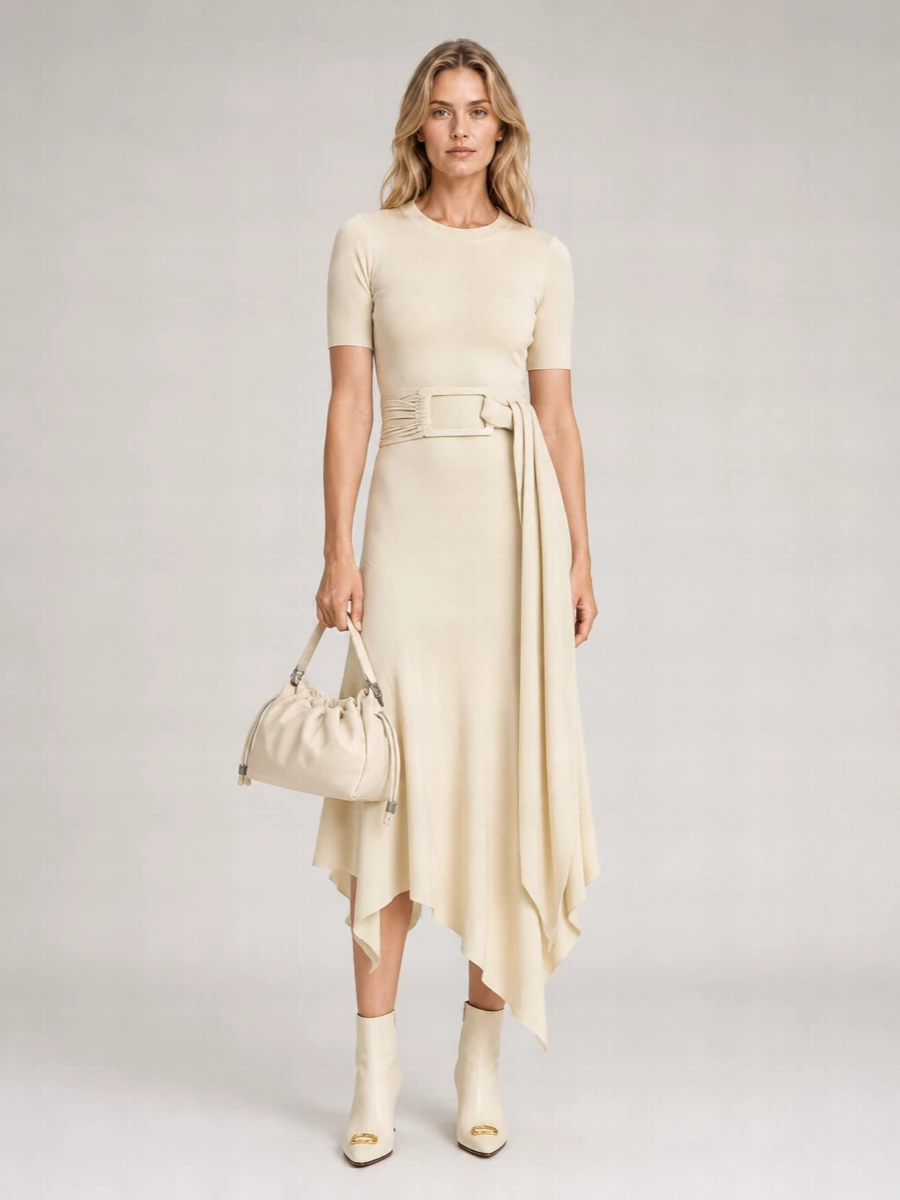 Anchoring the outfit with the Alaïa knit midi keeps the silhouette pure and sculptural, which resonates more with the Jil Sander wristlet than a mix of top and trouser ever could. Cream and buttercream tones flow from dress to ankle boot to bag, with quiet gold hardware as the only punctuation, giving a polished, gallery-dinner mood that still feels understated. The result is a monochrome column that reads luxurious and modern without a single unnecessary detail.
