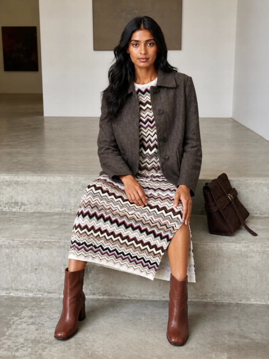 Missoni knit dress brown herringbone blazer outfit