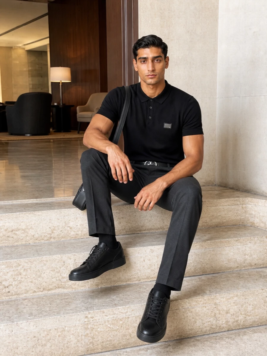 Dolce gabbana black knit polo charcoal trousers