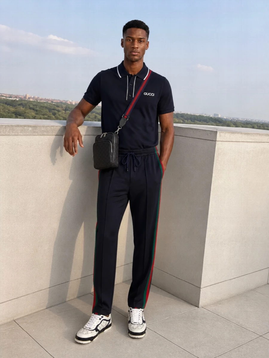 Gucci navy polo track pants white sneakers