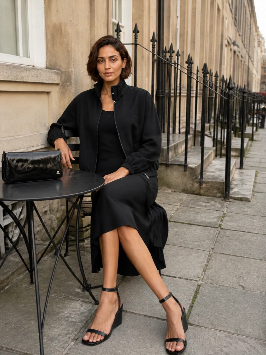 Courreges black bomber racerback midi dress outfit