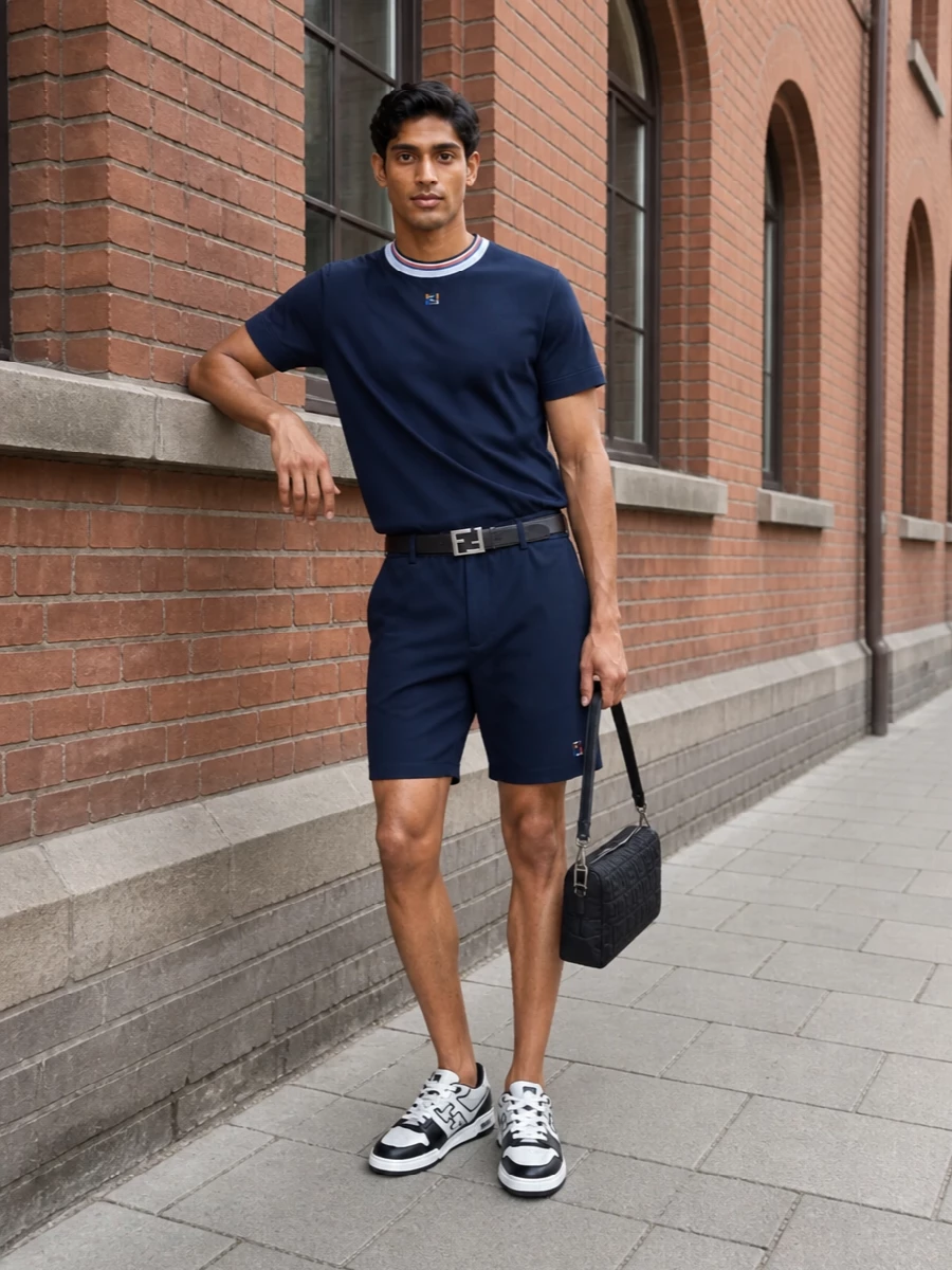 Fendi navy shorts logo tee sneakers outfit