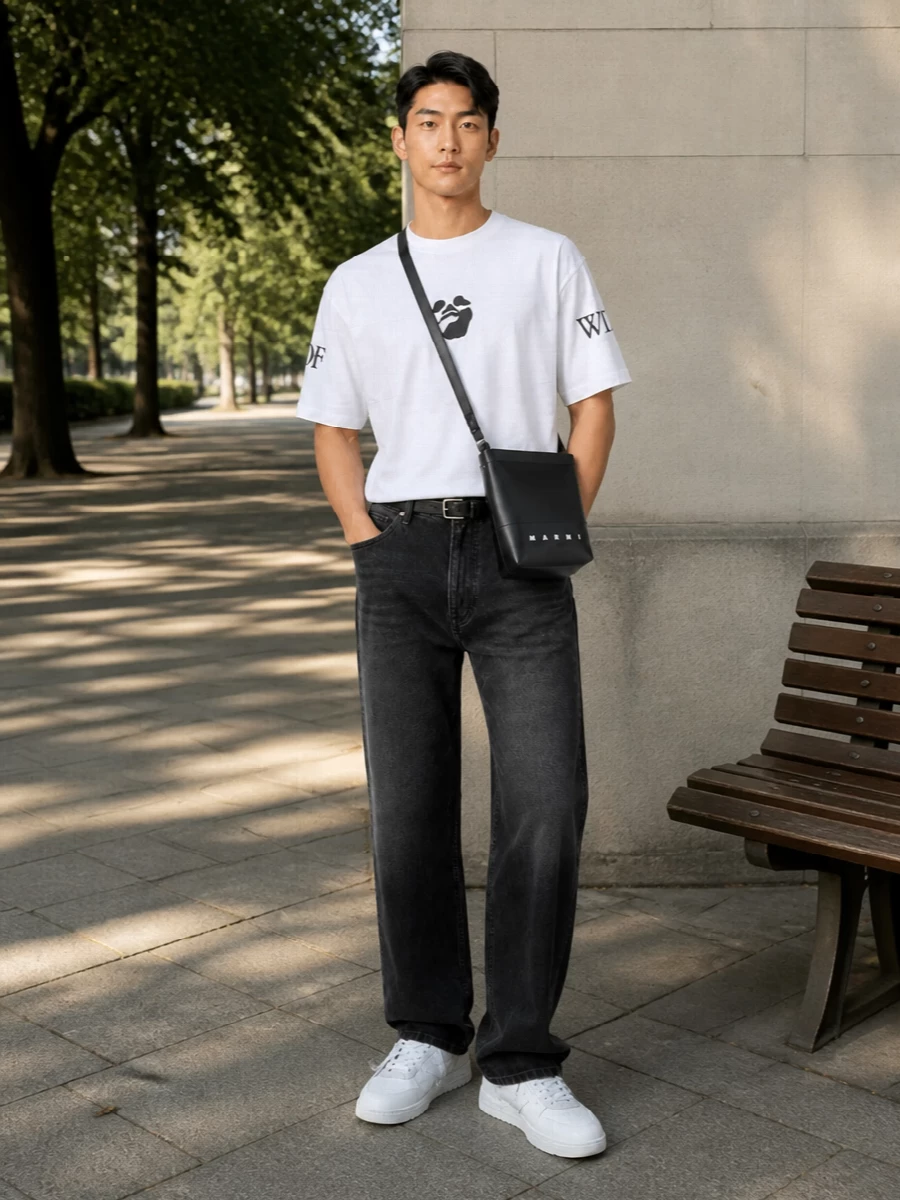 Off white tee washed black jeans white sneakers