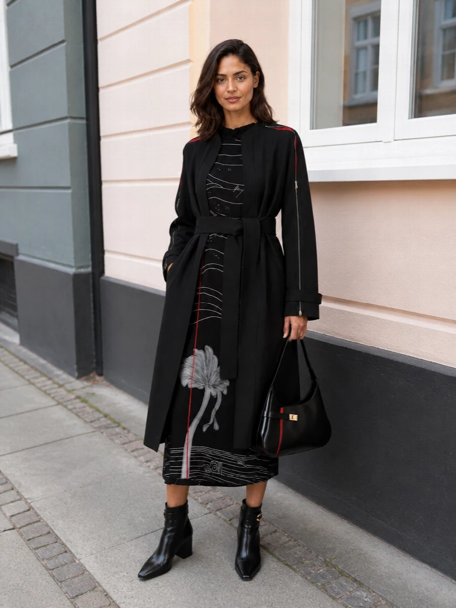 Ferragamo black coat midi dress evening outfit