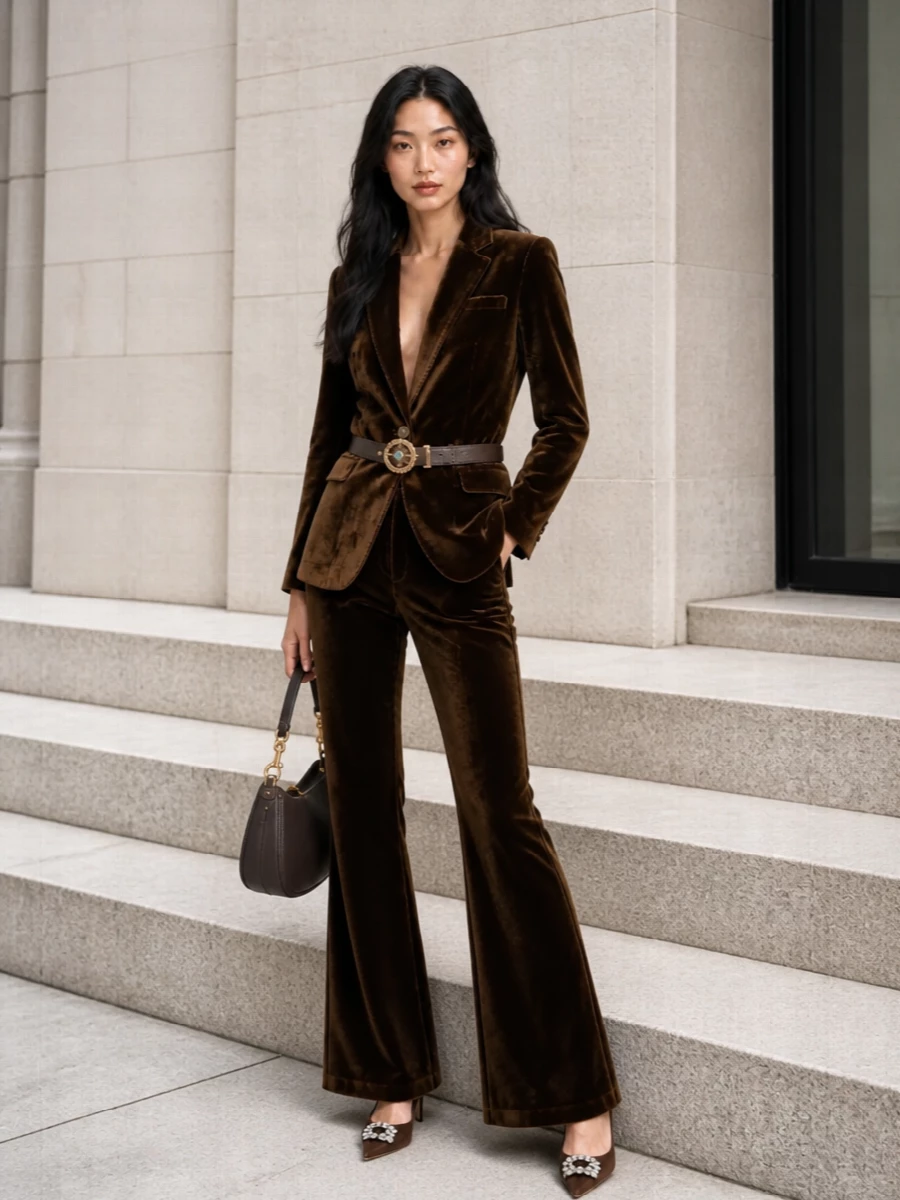Etro velvet blazer brown flared trousers outfit