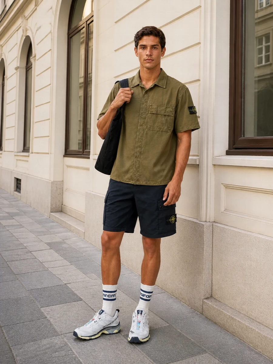 Stone island cargo swim shorts olive shirt outfit