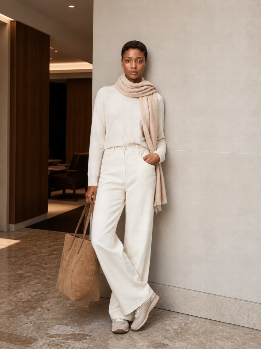 Brunello cucinelli ivory sweater wide leg jeans outfit