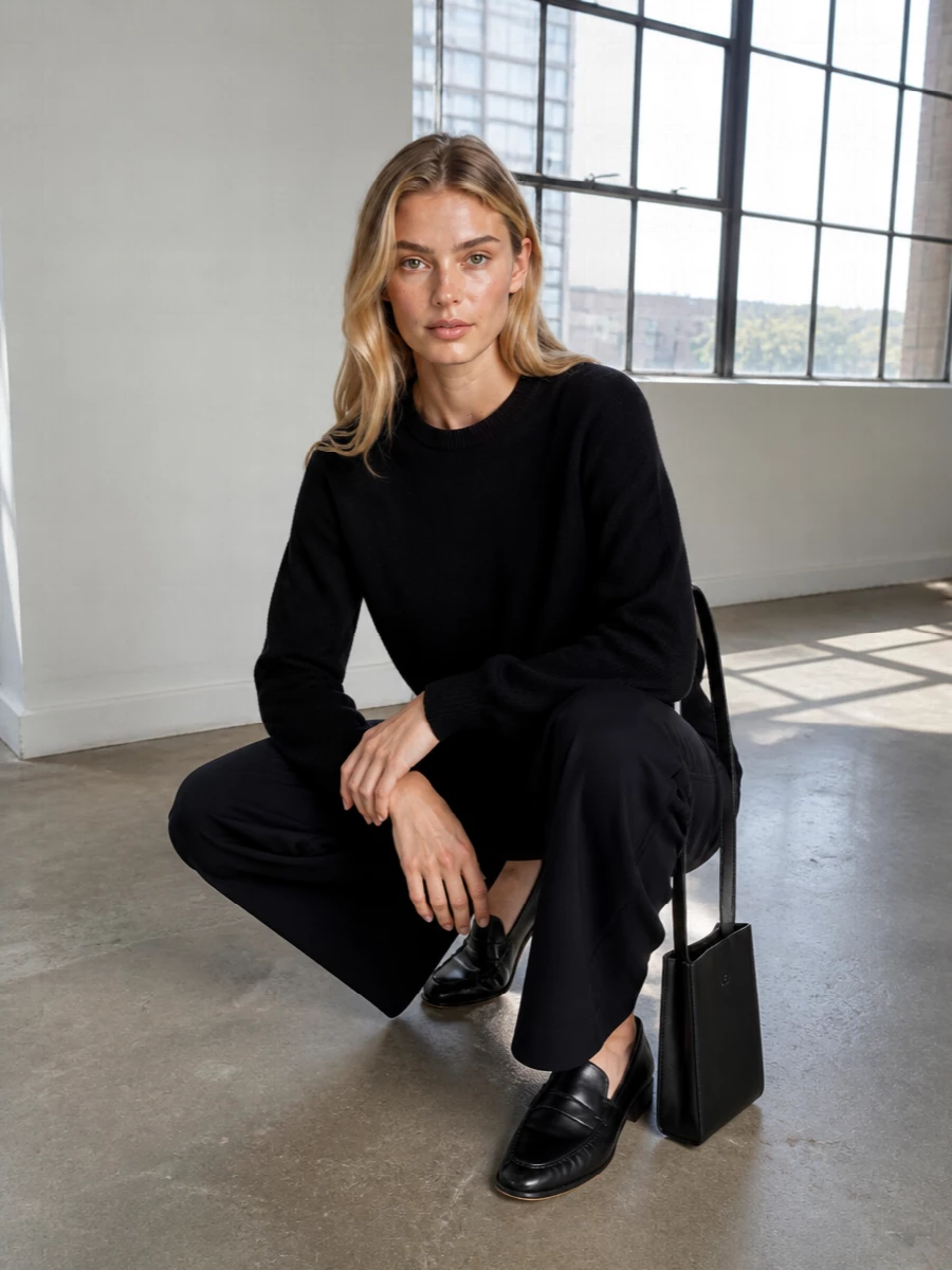 The row black sweater wide leg trousers outfit