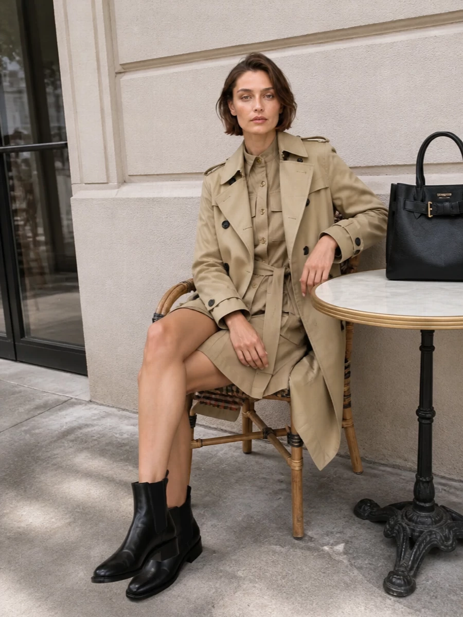 I am building this around the dress route rather than separate tailoring, because the Givenchy shirt dress echoes the trench’s heritage detailing and creates a single, clean column under it. The result is a tonal camel-and-black palette that feels quietly authoritative yet easy, with the Chelsea boots and sharp Tom Ford tote keeping it firmly in the polished city-uniform space rather than overtly corporate suiting. It is the kind of outfit that can start at a client meeting and end at a dinner reservation without ever needing a change of clothes.