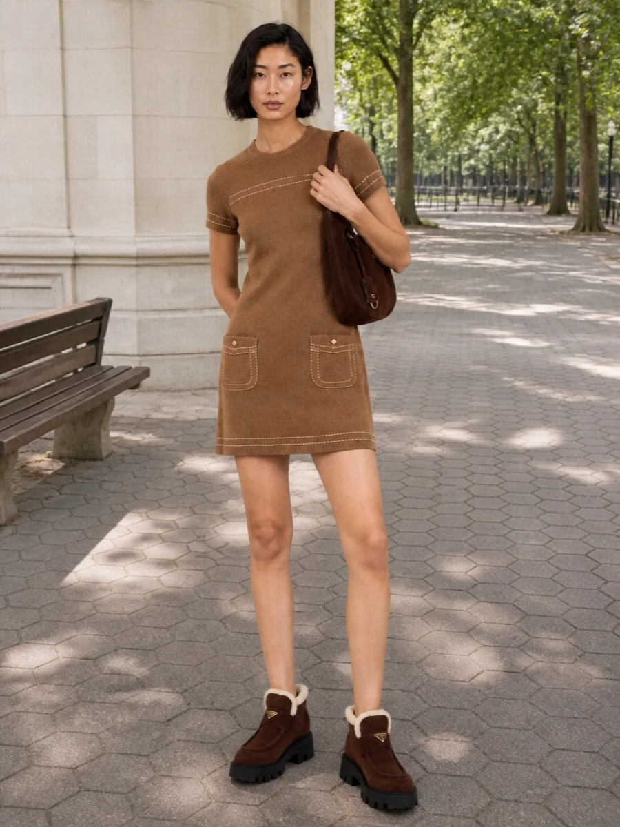 Prada camel knit mini dress shearling loafer boots