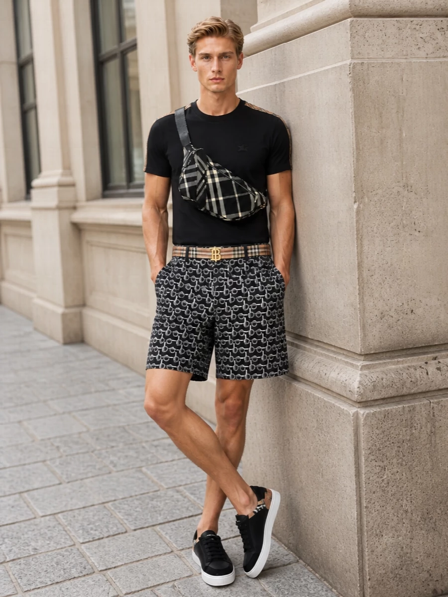 Burberry black logo shorts monochrome city outfit