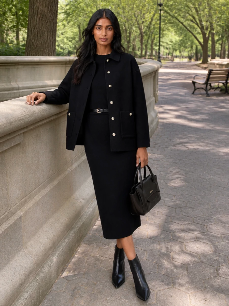 Anine bing black coat knit midi dress outfit