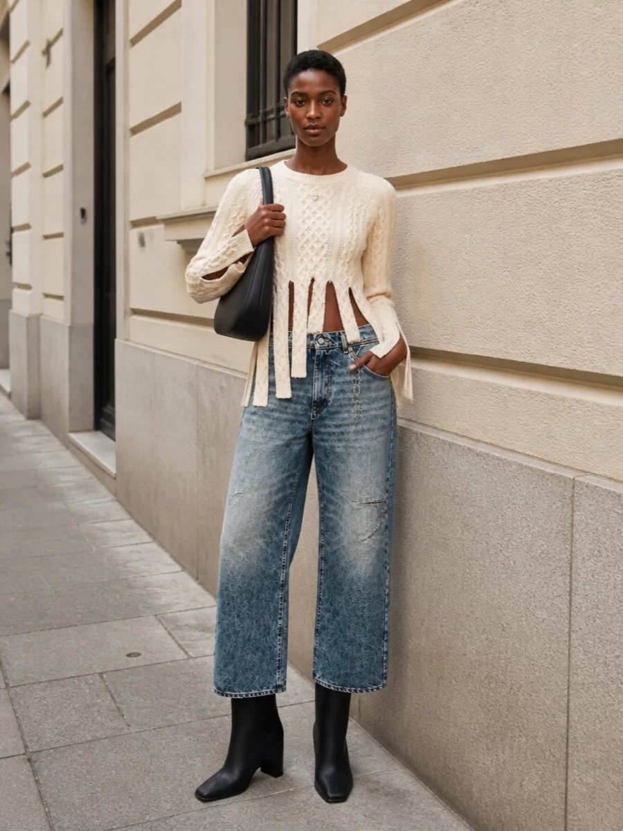 Coperni jeans cream knit black knee boots