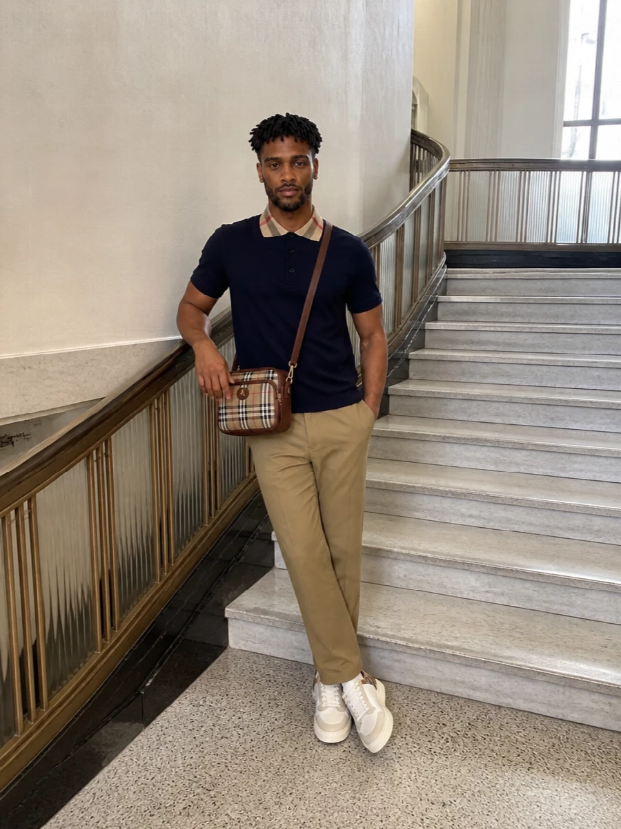Burberry navy polo camel chino sneaker outfit