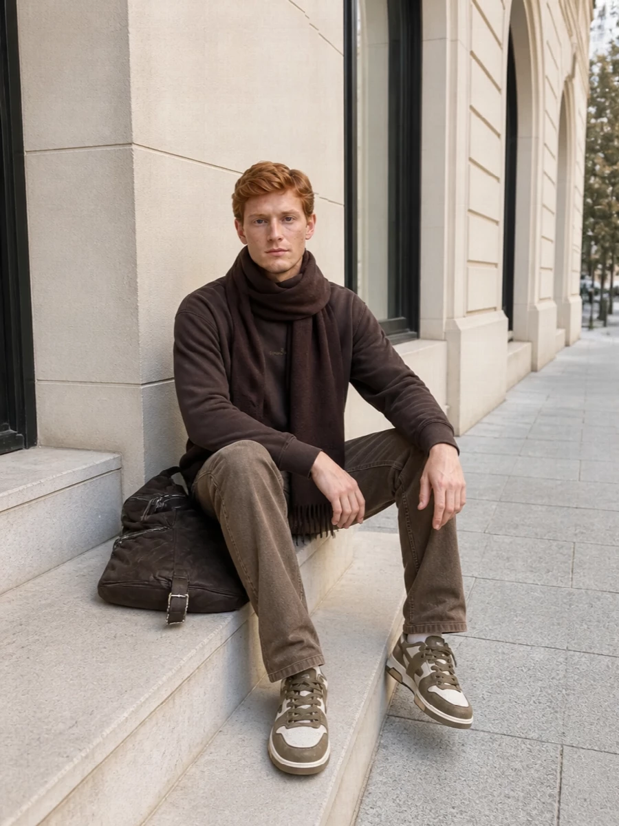 Stone island brown sweatshirt utility trousers outfit