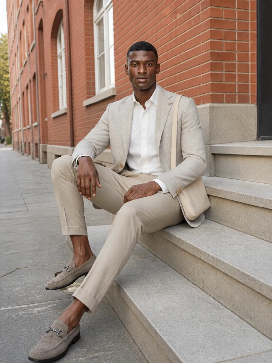 Zegna shirt beige blazer loafers outfit