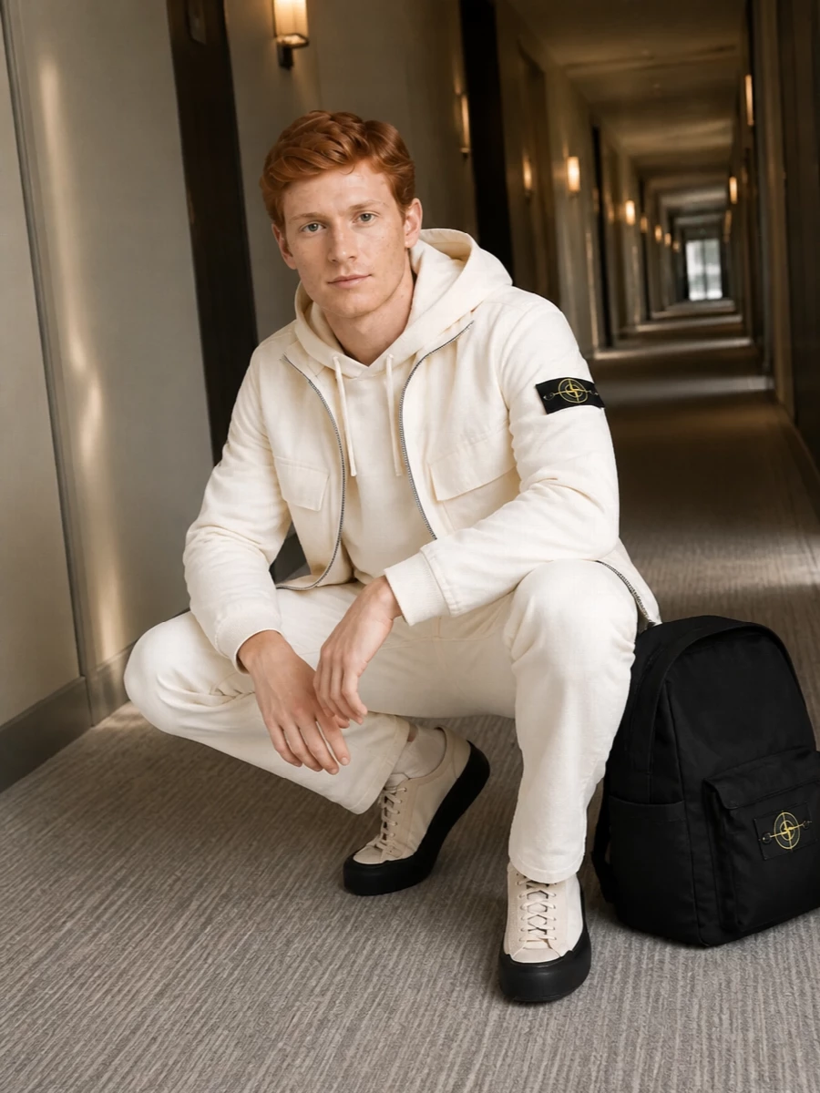 Stone island off white jacket cream hoodie outfit