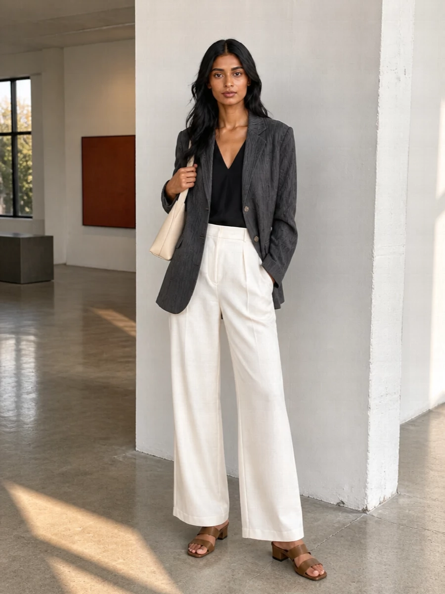 Alysi charcoal blazer ivory wide leg trousers outfit