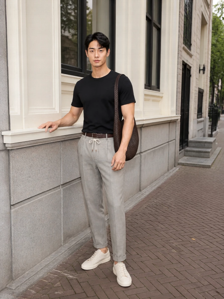 Brunello cucinelli black tee stone trousers outfit