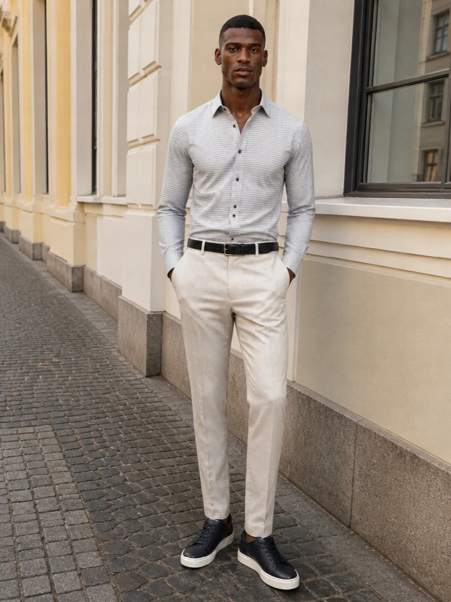 Emporio armani shirt beige trousers outfit
