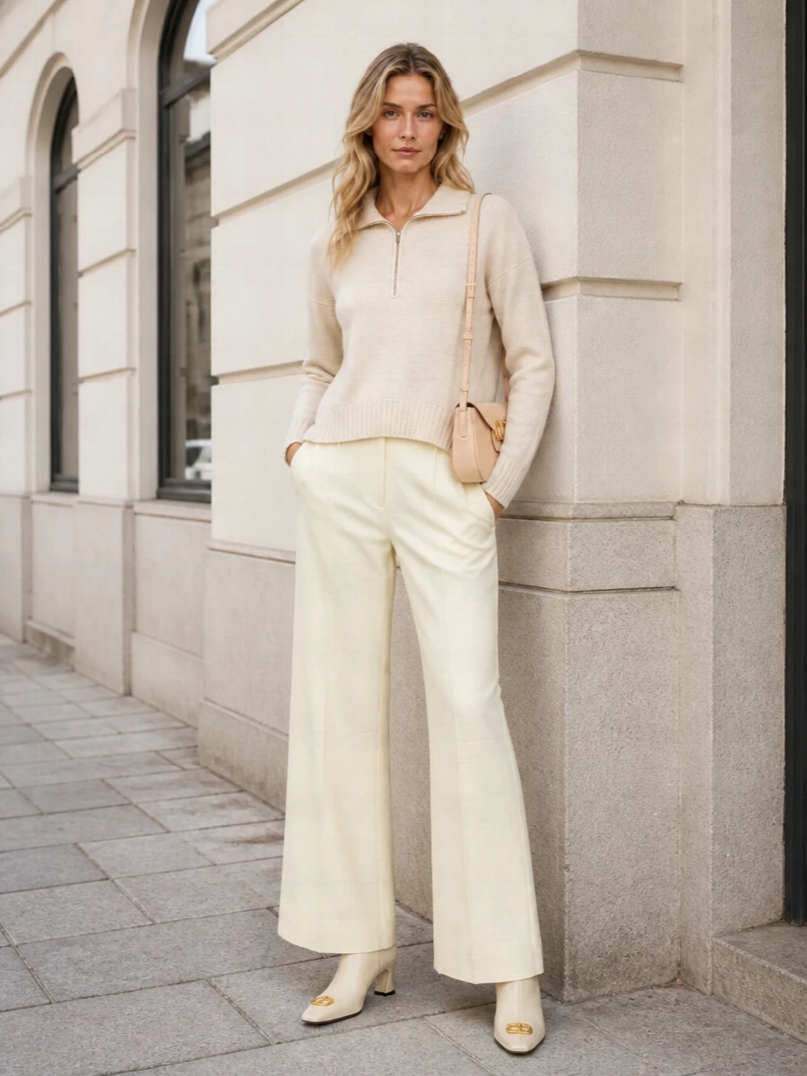 A tonal winter ensemble that leans into soft creams and butter tones, this pairing feels calm yet decidedly refined. The relaxed half zip is balanced by precise, high-waisted wide legs, while the sculpted ankle boot and compact shoulder bag keep the proportions clean and elongated. It is the kind of quiet luxury that works just as well for a long city day as for a low-key dinner afterward.