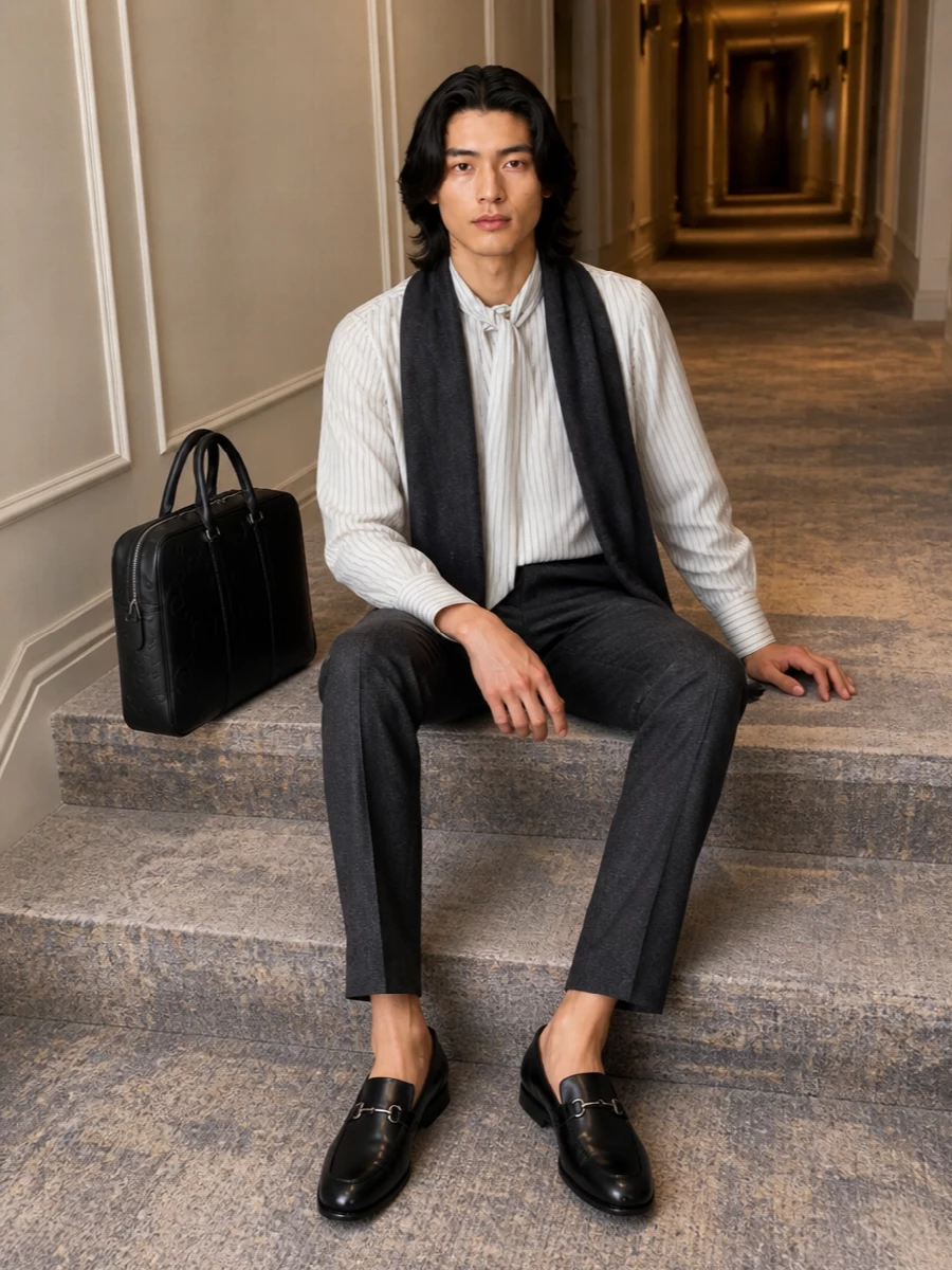 Charcoal herringbone tailoring grounds the fluid striped blouse, keeping the bow detail precise rather than fussy. Black horsebit slippers and a slim embossed briefcase sharpen the line, while a tonal charcoal scarf quietly reinforces the winter palette. The result feels romantic but disciplined, ideal for serious days that still warrant a gesture of drama at the collar.