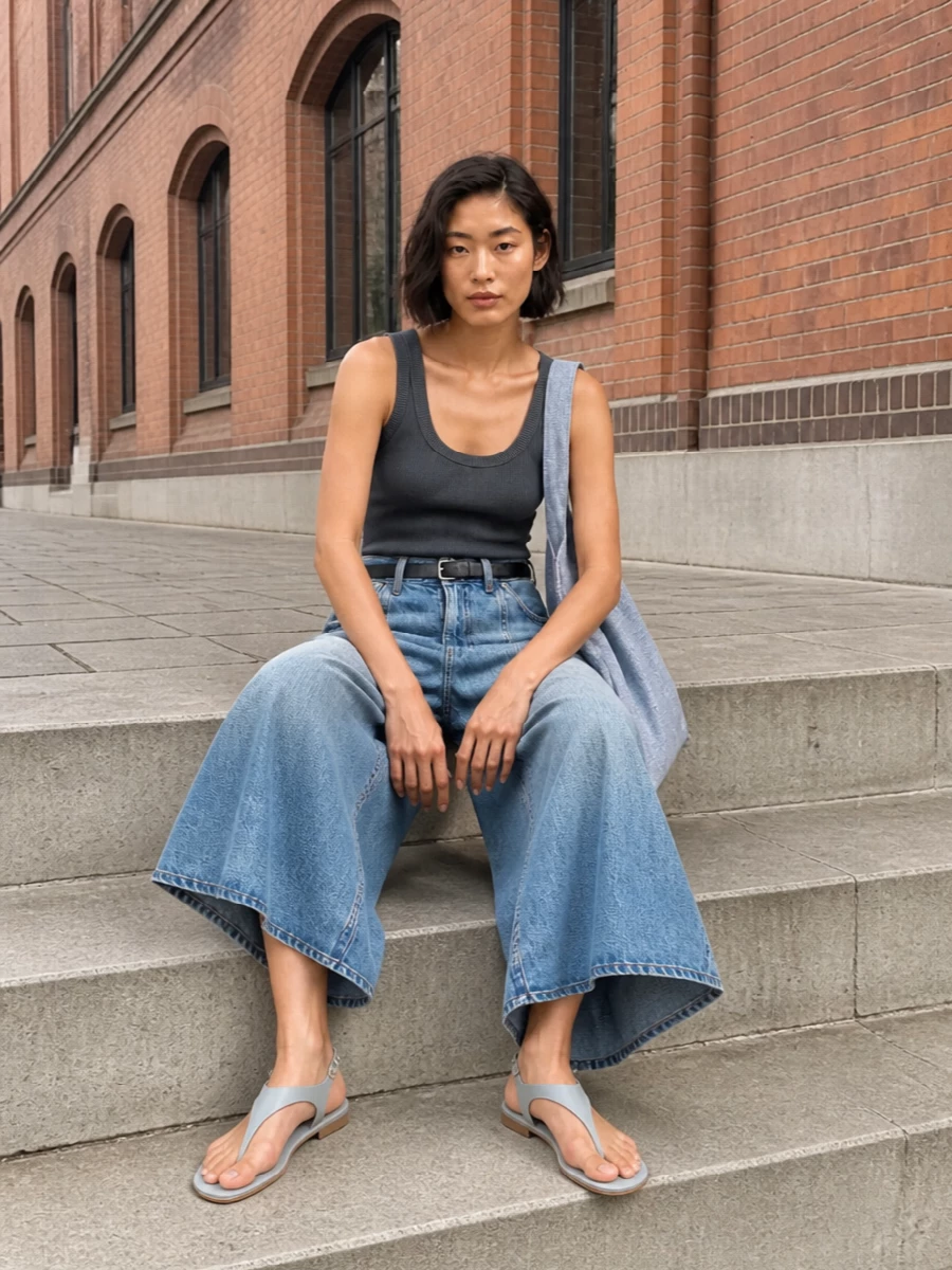 Haikure denim midi skirt tank sandals outfit