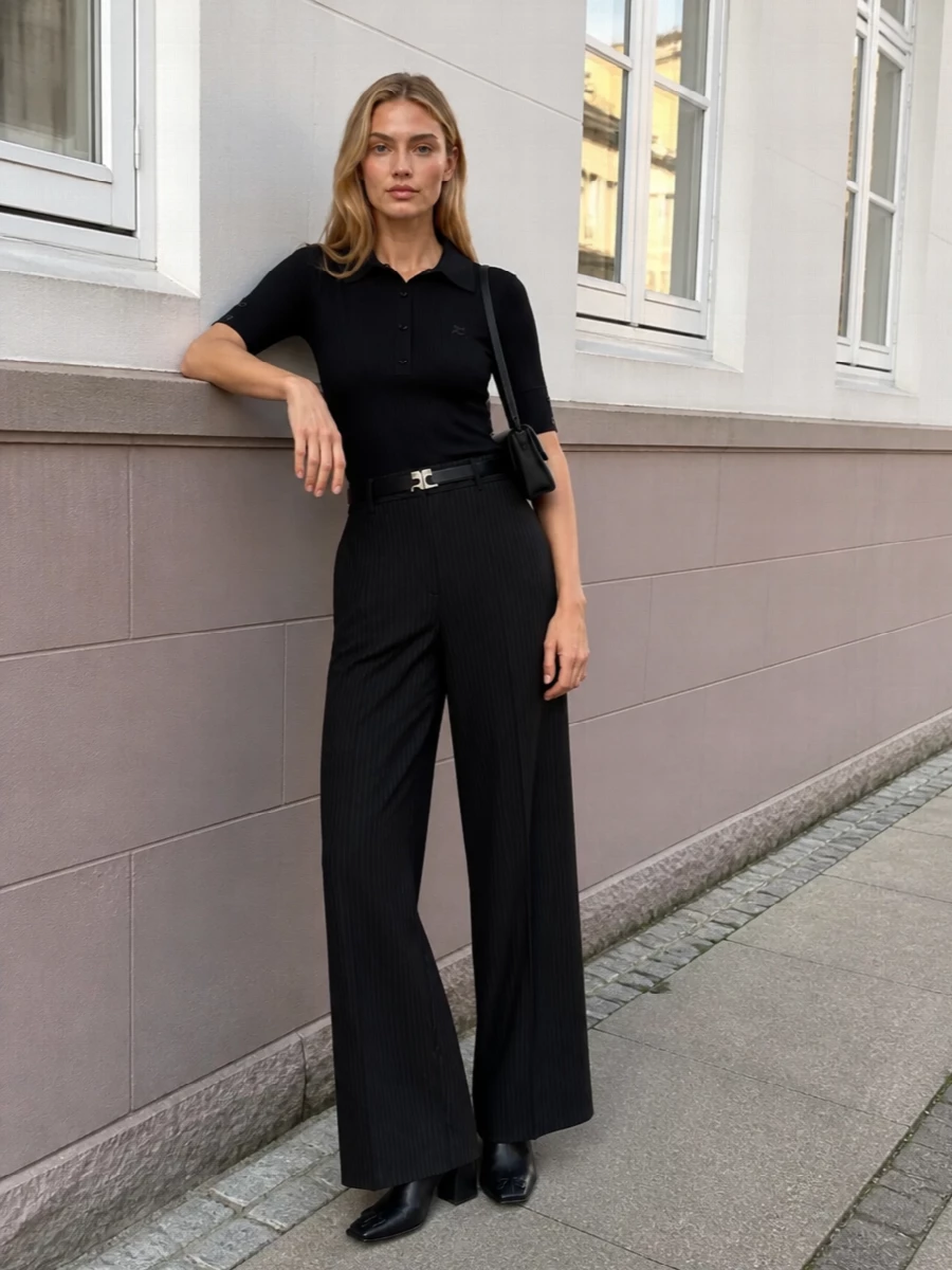 Courreges black ribbed polo pinstripe trousers
