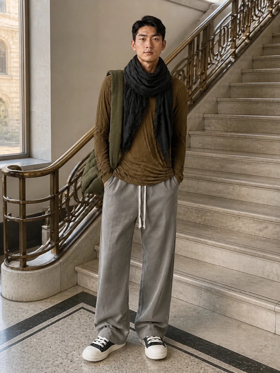Rick owens wide leg pants longline tee high tops