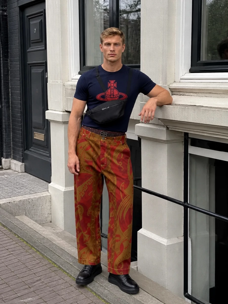 Vivienne westwood printed trouser navy orb tee outfit