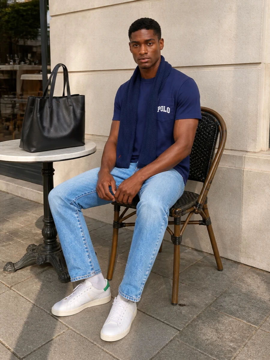 Polo ralph lauren navy tee jeans adidas sneakers